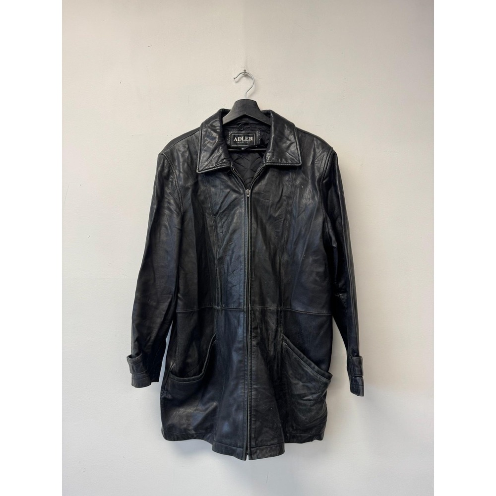 Adler Collection Coat Womens XL Black Leather Zip Front Pockets Lined Mid Length